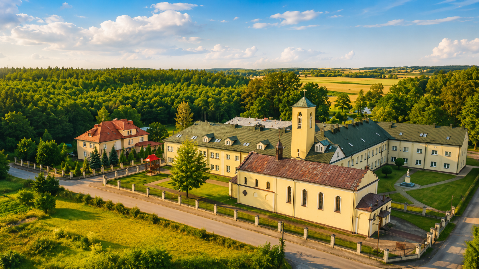 Jaciążek — widok z lotu ptaka na kościół i zabudowania salezjańskie